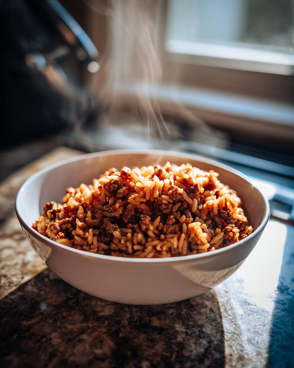 Steaming bowl of rice and ground beef representing one pot dinner recipes on kitchen counter.