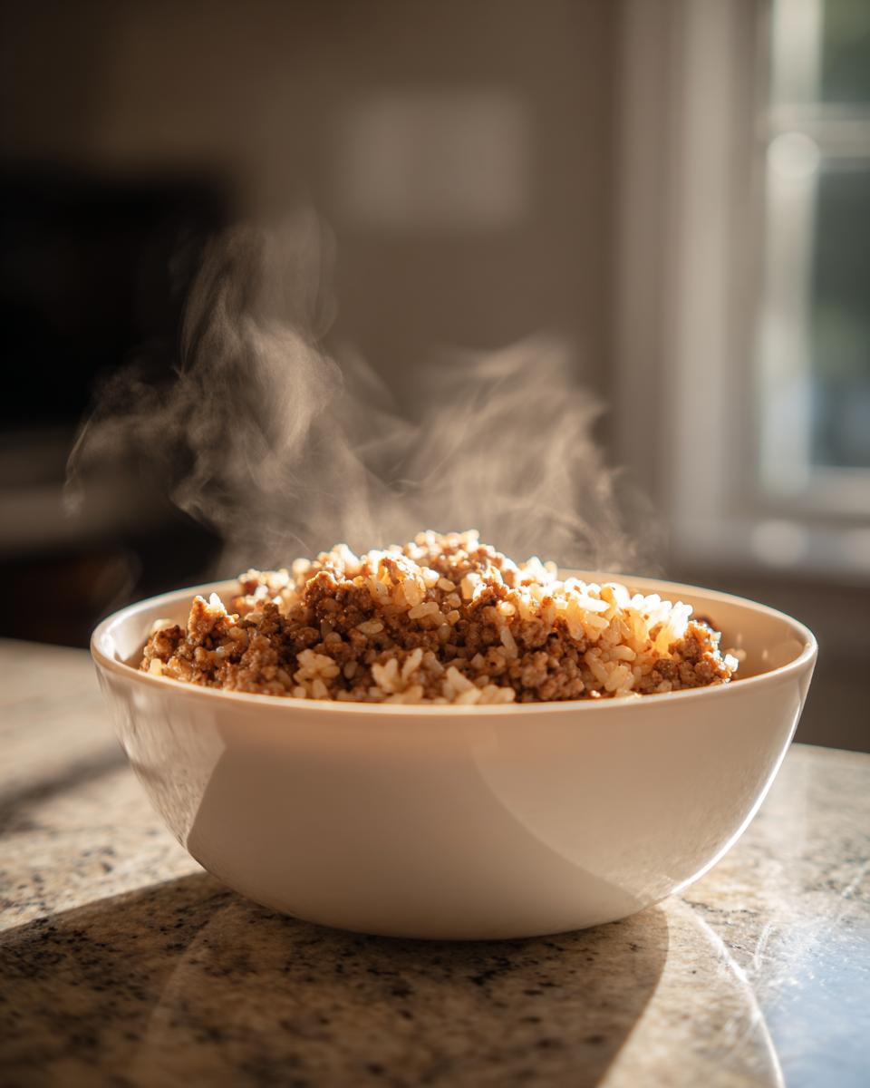 White bowl filled with steaming rice and ground meat, showcasing one pot dinner recipes.