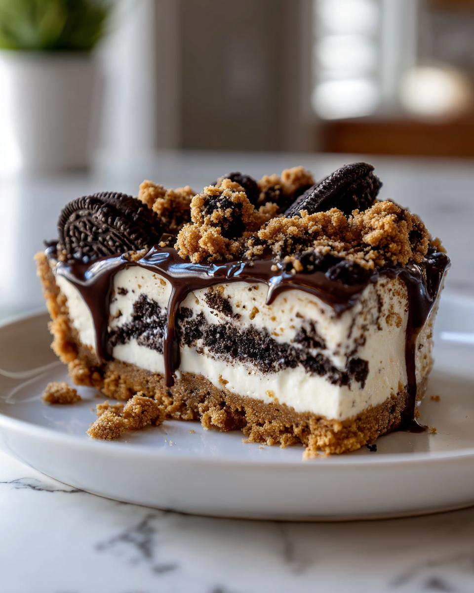 Close-up of a creamy Oreo dessert slice with chocolate drizzle and crumb topping on a white plate.