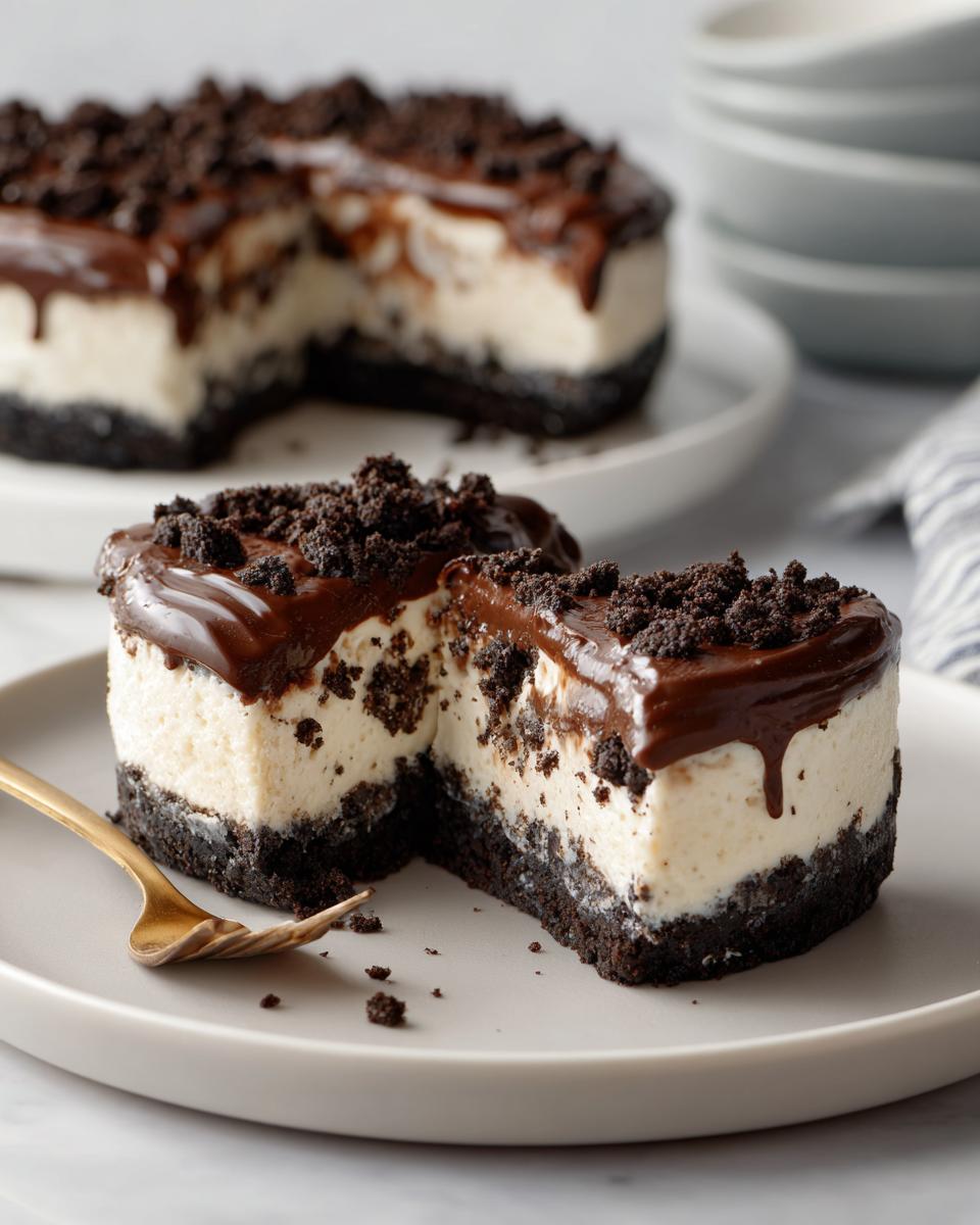 Slice of creamy Oreo dessert recipe with chocolate ganache and Oreo crumbs on a plate.