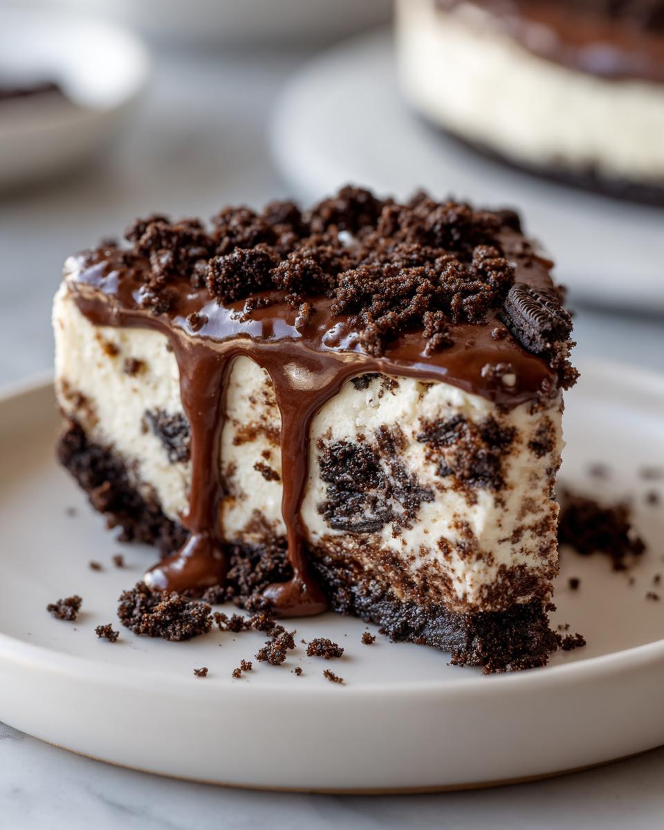 Slice of creamy Oreo dessert with chocolate drizzle and Oreo crumbs on a white plate.