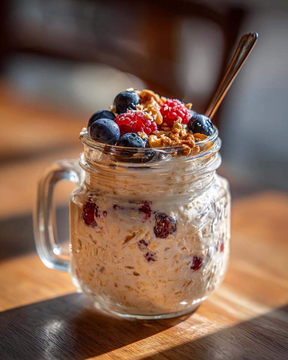 Glass jar filled with creamy overnight oats topped with blueberries, raspberries, and granola.