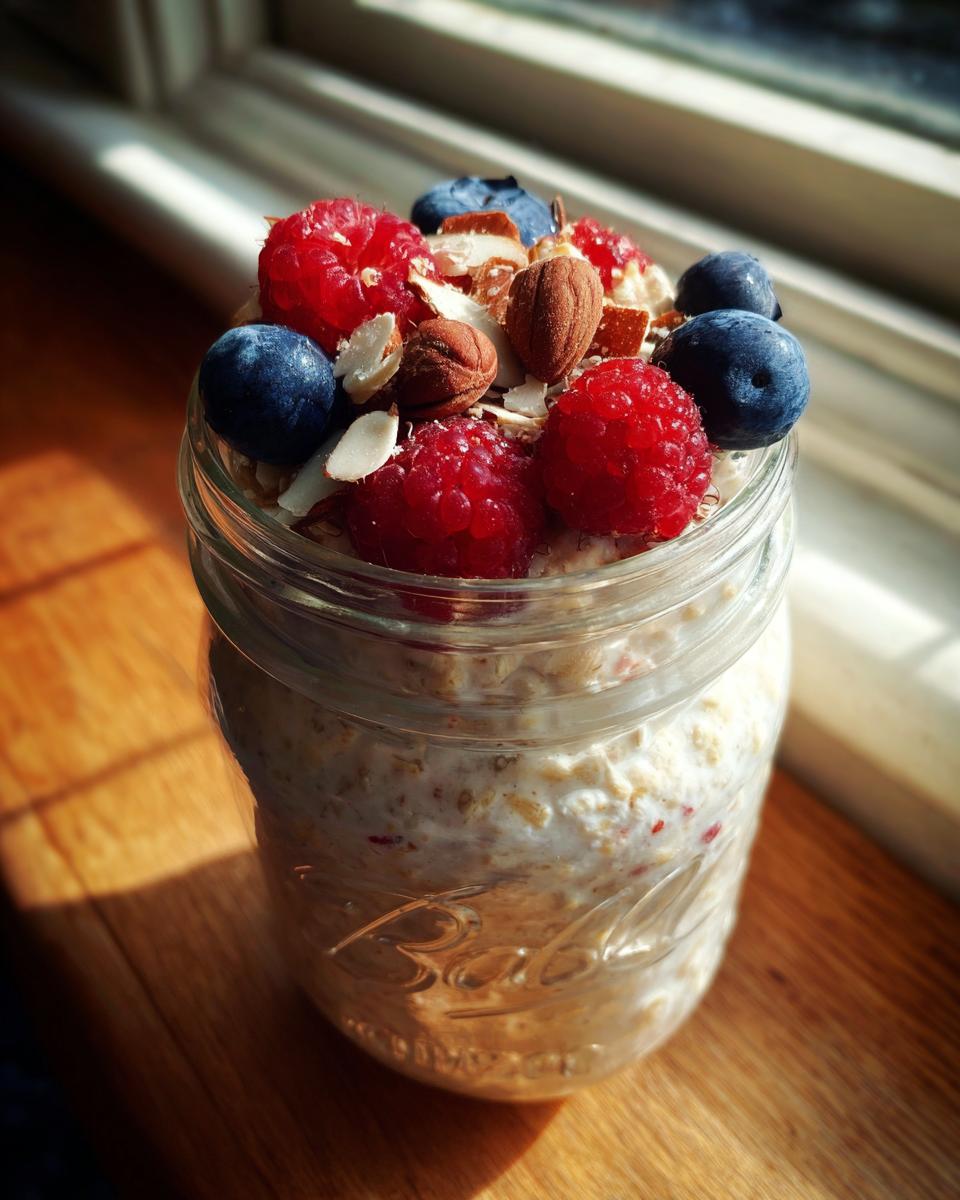 Close-up of overnight oats topped with raspberries, blueberries, almonds, and sliced nuts in a glass jar.
