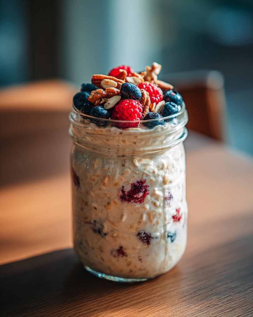 Close-up of a jar filled with overnight oats topped with blueberries, raspberries, and mixed nuts.