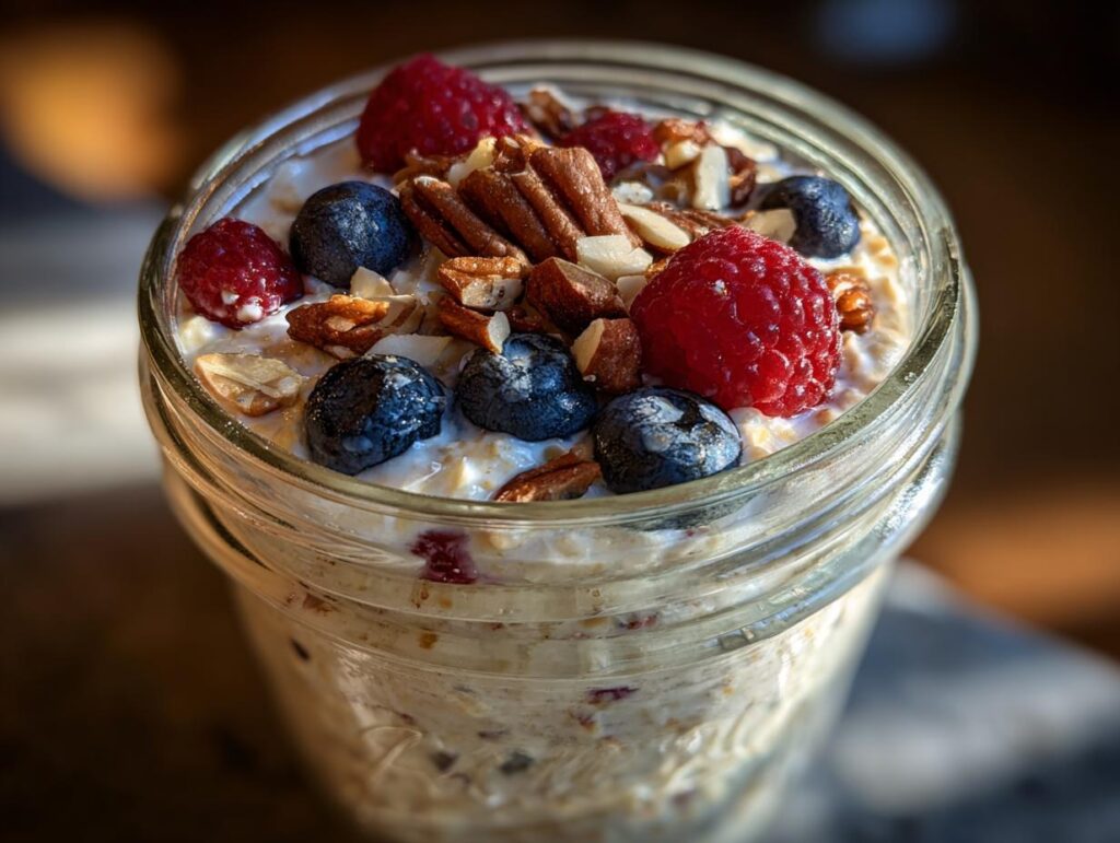 Jar of overnight oats topped with blueberries, raspberries, and chopped nuts.