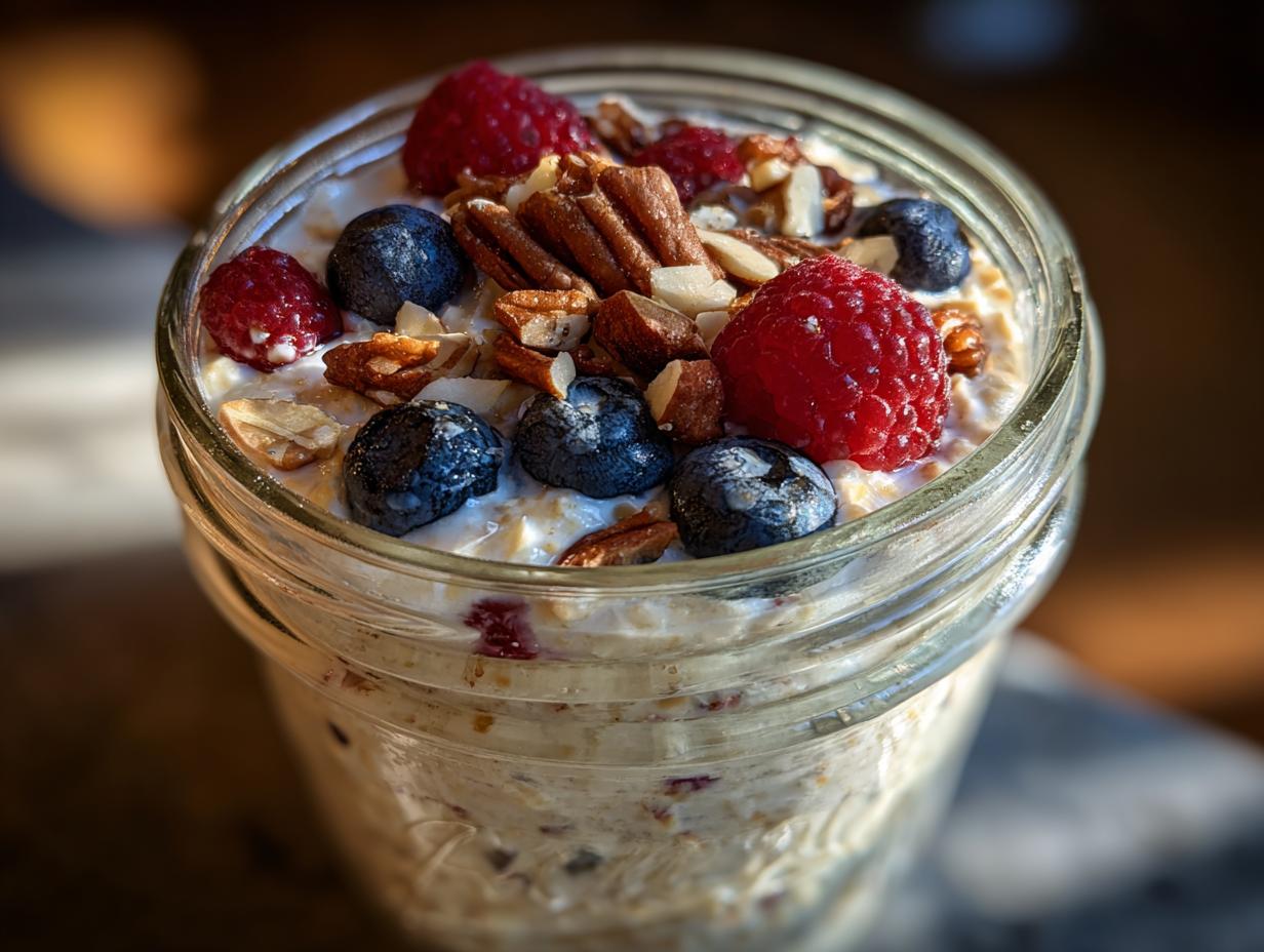 Jar of overnight oats topped with blueberries, raspberries, and chopped nuts.