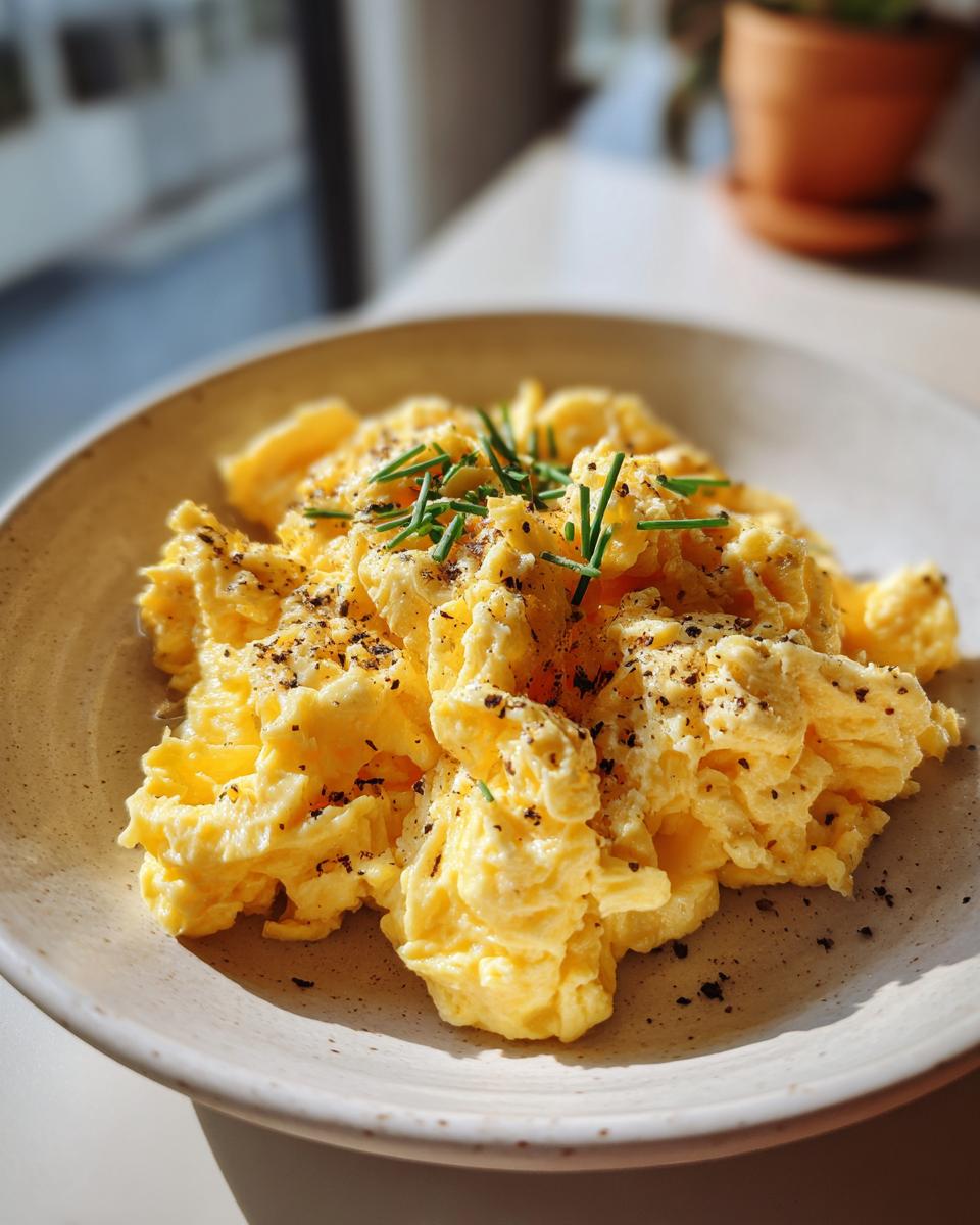 Plate of fluffy scrambled eggs garnished with chopped chives and black pepper, perfect egg breakfast recipes