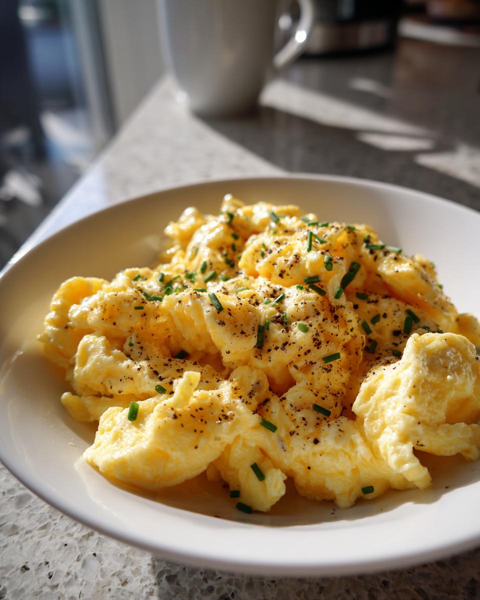 Plate of fluffy scrambled eggs garnished with chopped chives and black pepper, a classic egg breakfast recipes dish.
