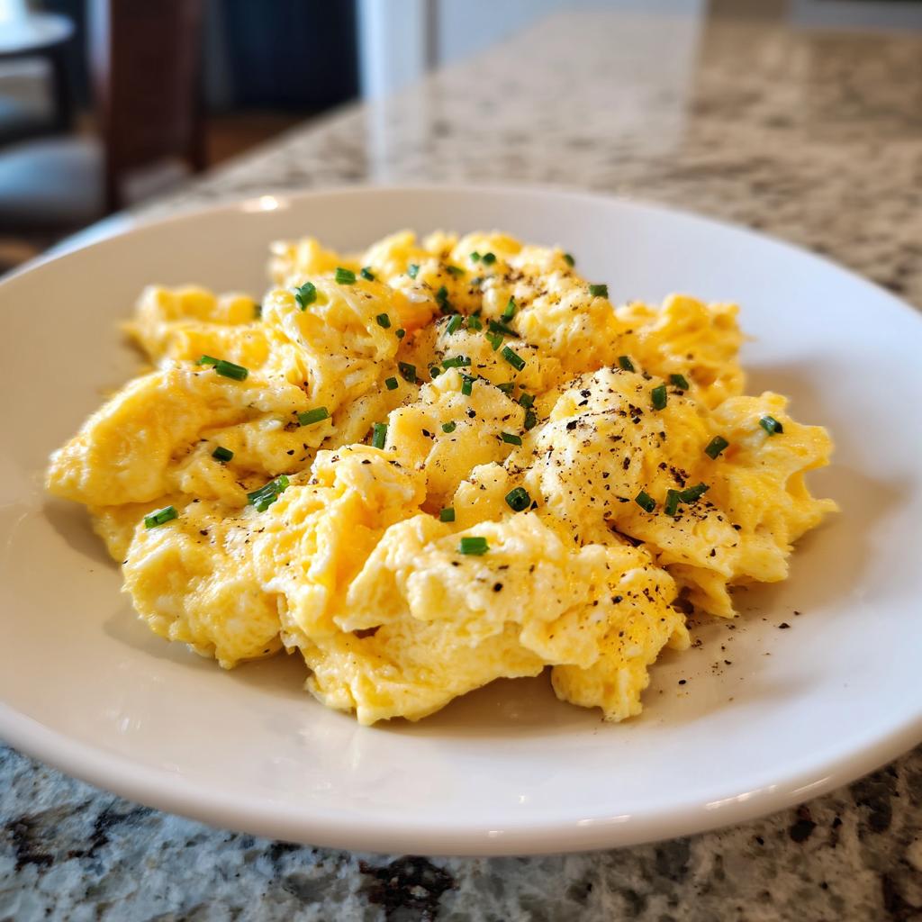 Plate of fluffy scrambled eggs garnished with chopped chives and black pepper, an egg breakfast recipes dish