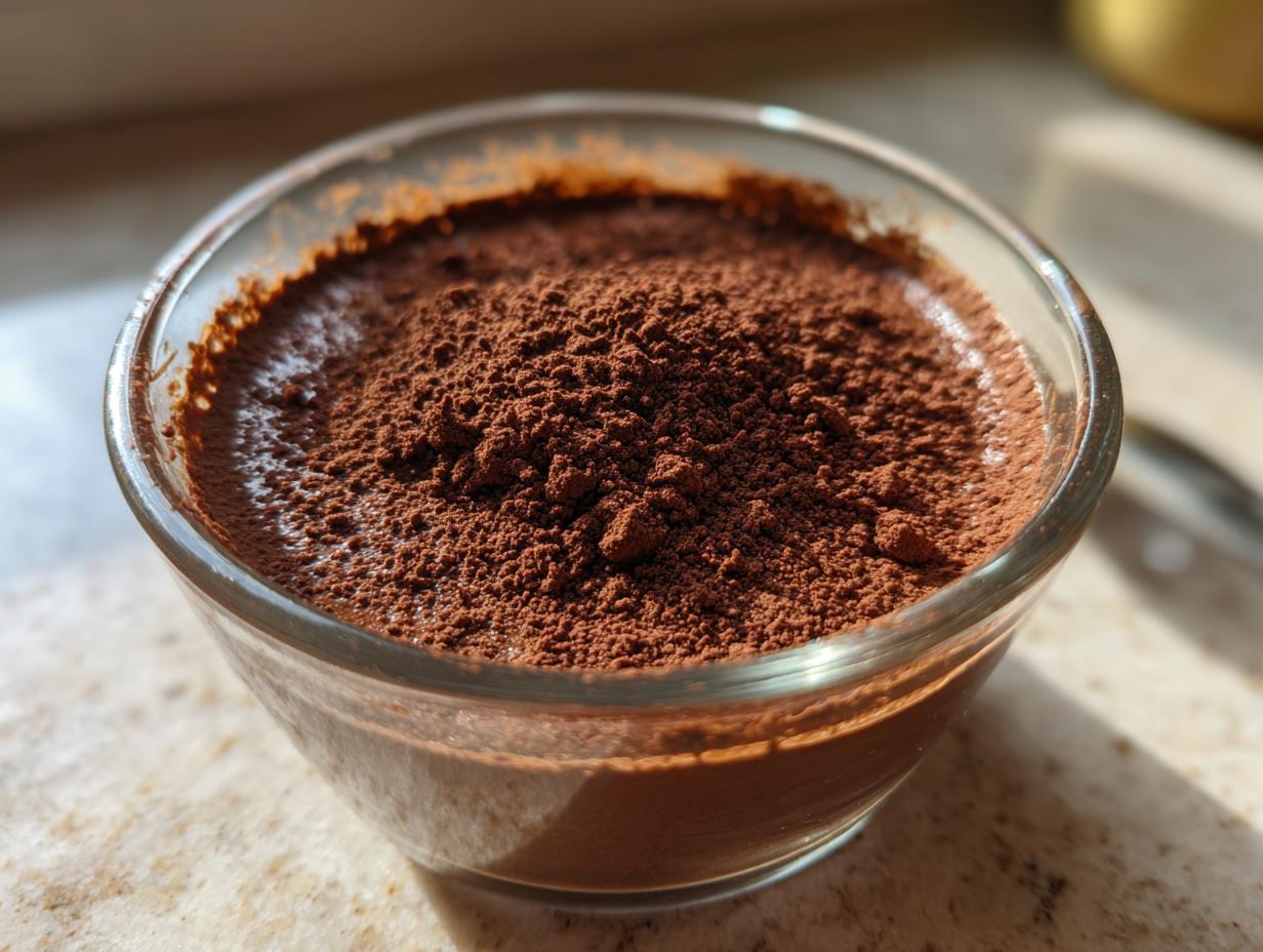 Glass bowl filled with a chocolate dessert topped with cocoa powder, representing 15 minute dessert recipes