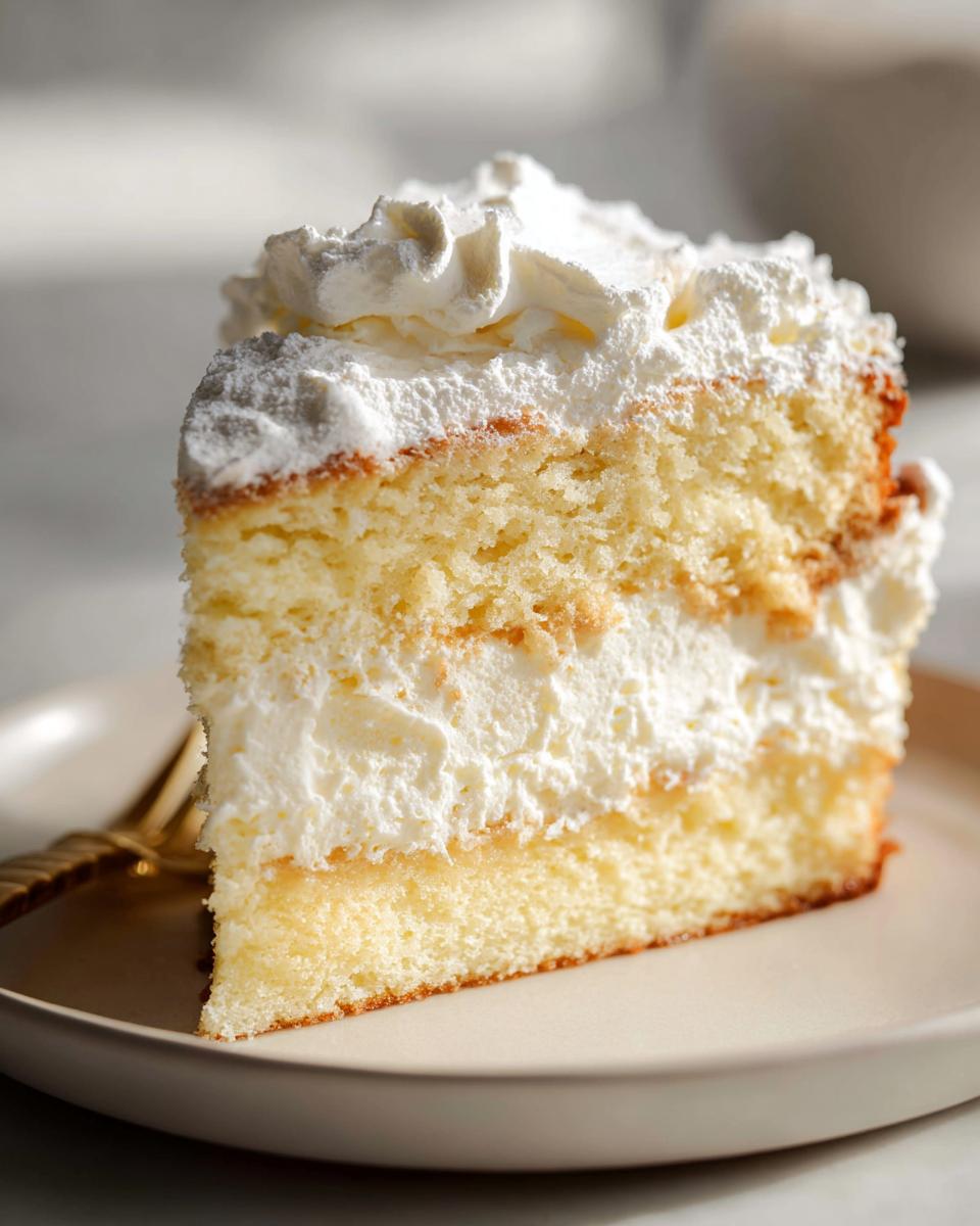 Close-up of a slice of cake with whipped cream and powdered sugar, a quick Easter desserts treat