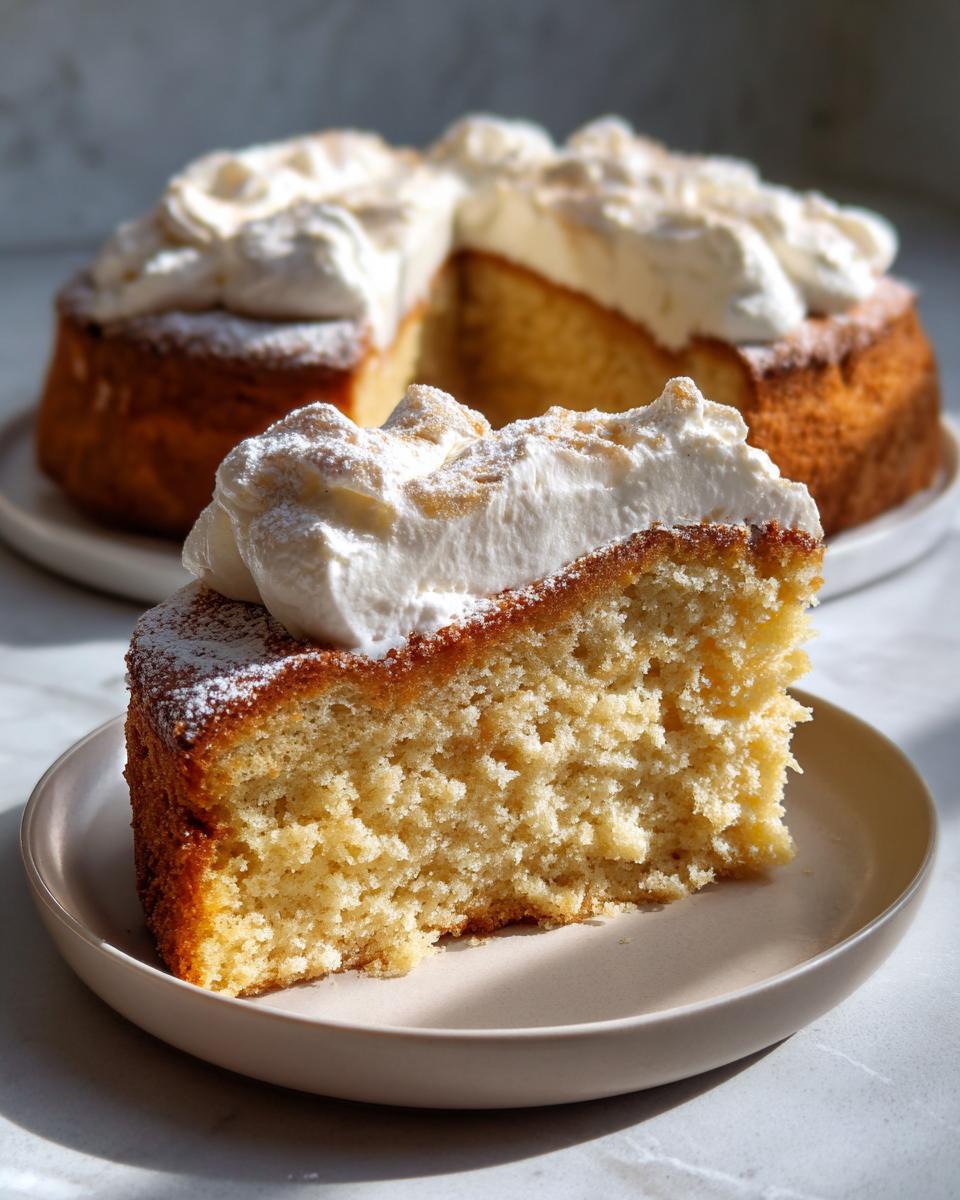 Close-up of a slice of fluffy cake topped with whipped cream, part of quick Easter desserts.