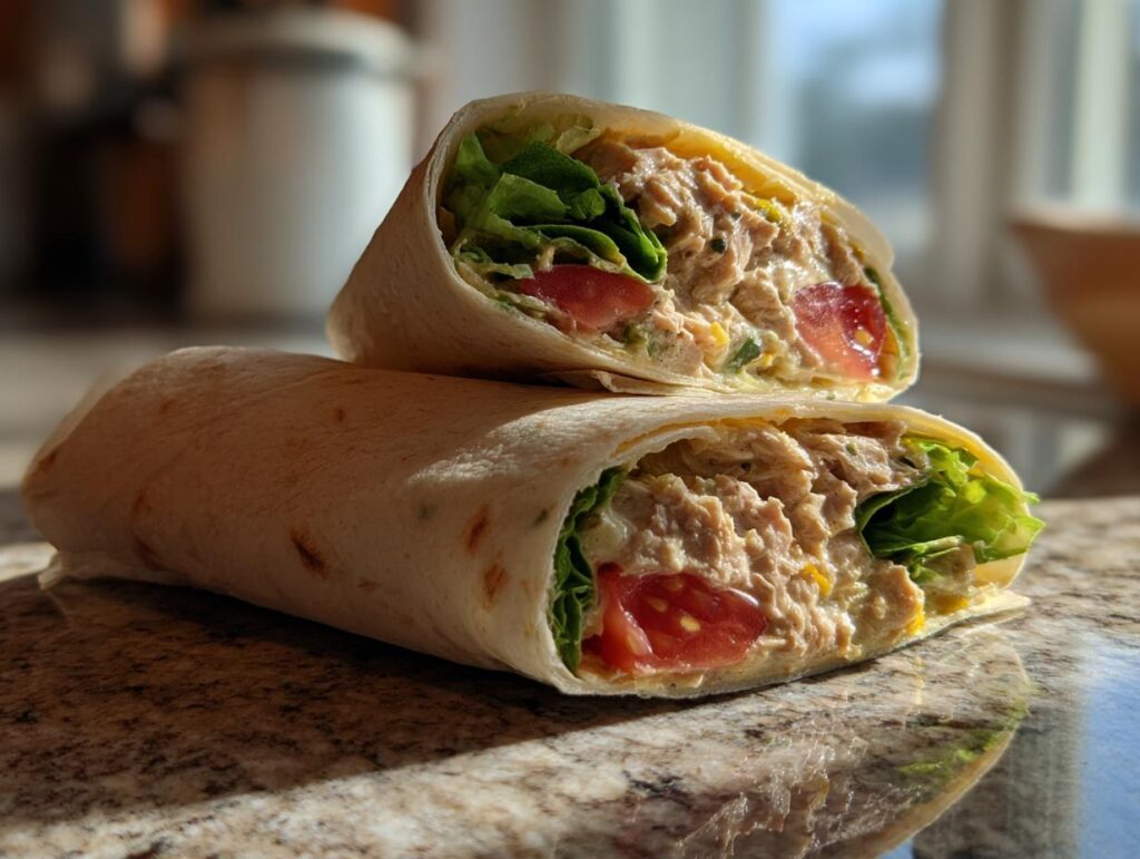 Two halves of a tuna wrap with lettuce and tomato on granite countertop, showcasing quick lunch ideas.