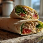Two halves of a tuna wrap with lettuce and tomato on granite countertop, showcasing quick lunch ideas.