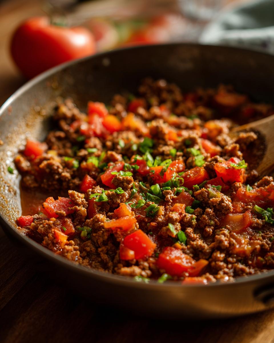 Close-up of ground beef and diced tomatoes cooking in a skillet with herbs for quick weeknight meals