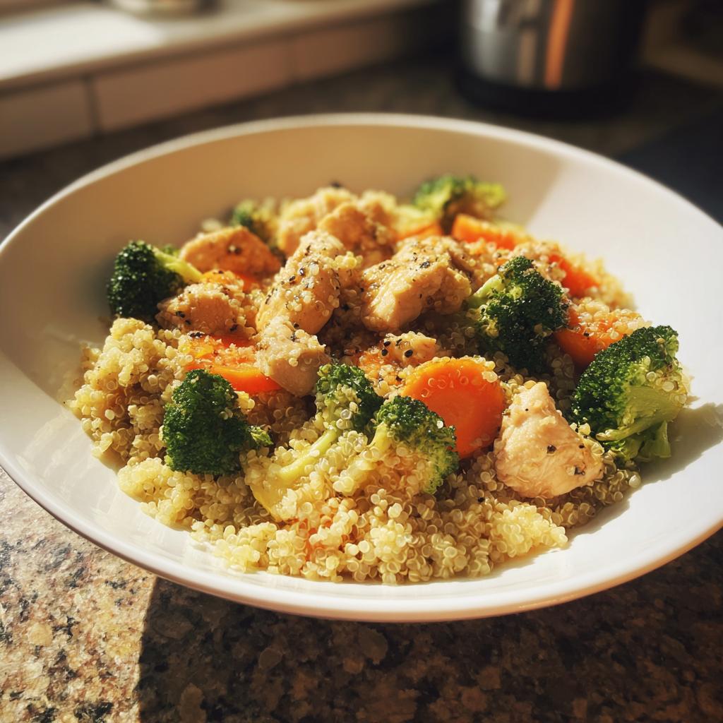 Bowl of quinoa with chicken, broccoli, and carrots for gluten free dinner recipes