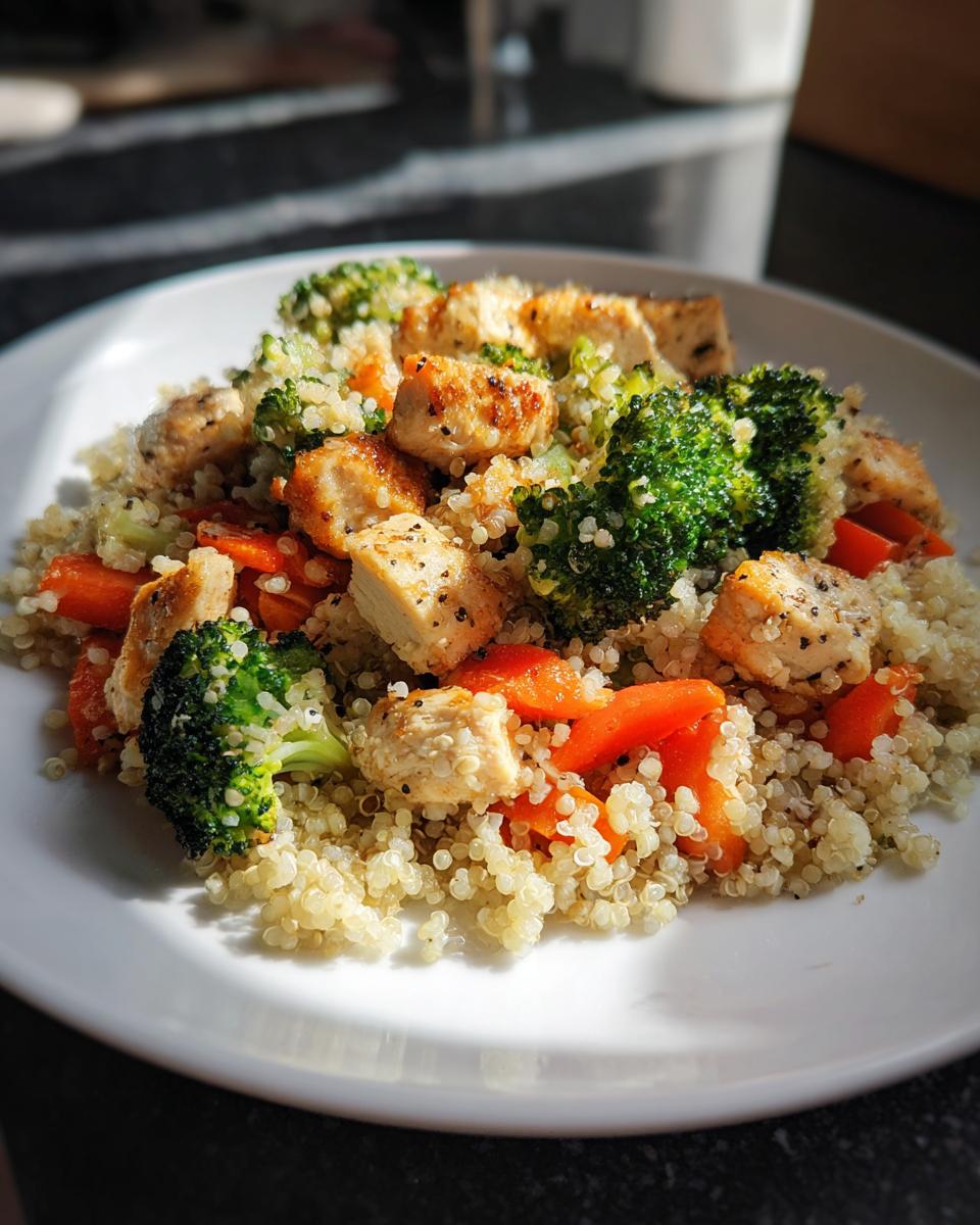 Plate of quinoa with grilled chicken, broccoli, and red bell peppers for gluten free dinner recipes