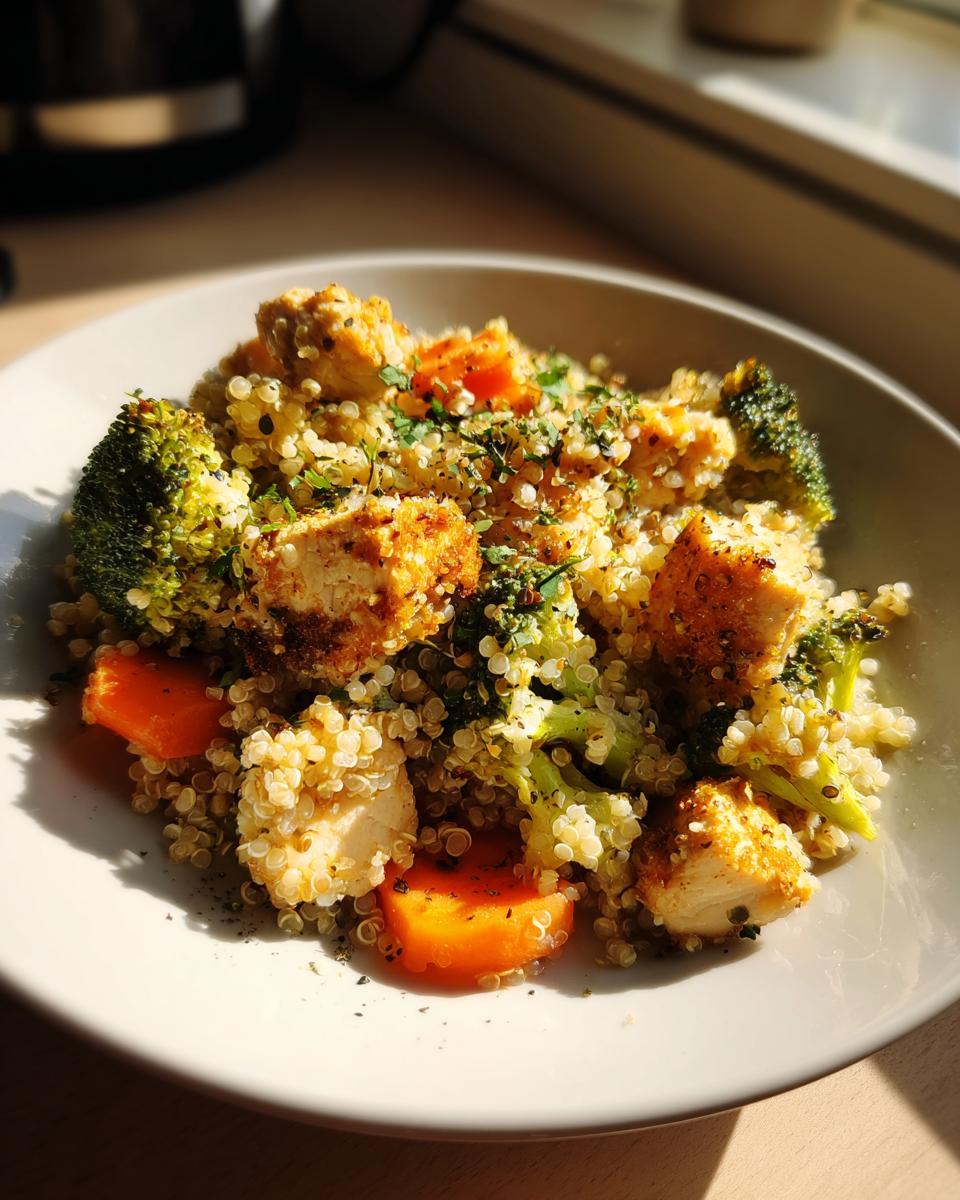Bowl of quinoa with broccoli, carrots, and seasoned chicken for gluten free dinner recipes.