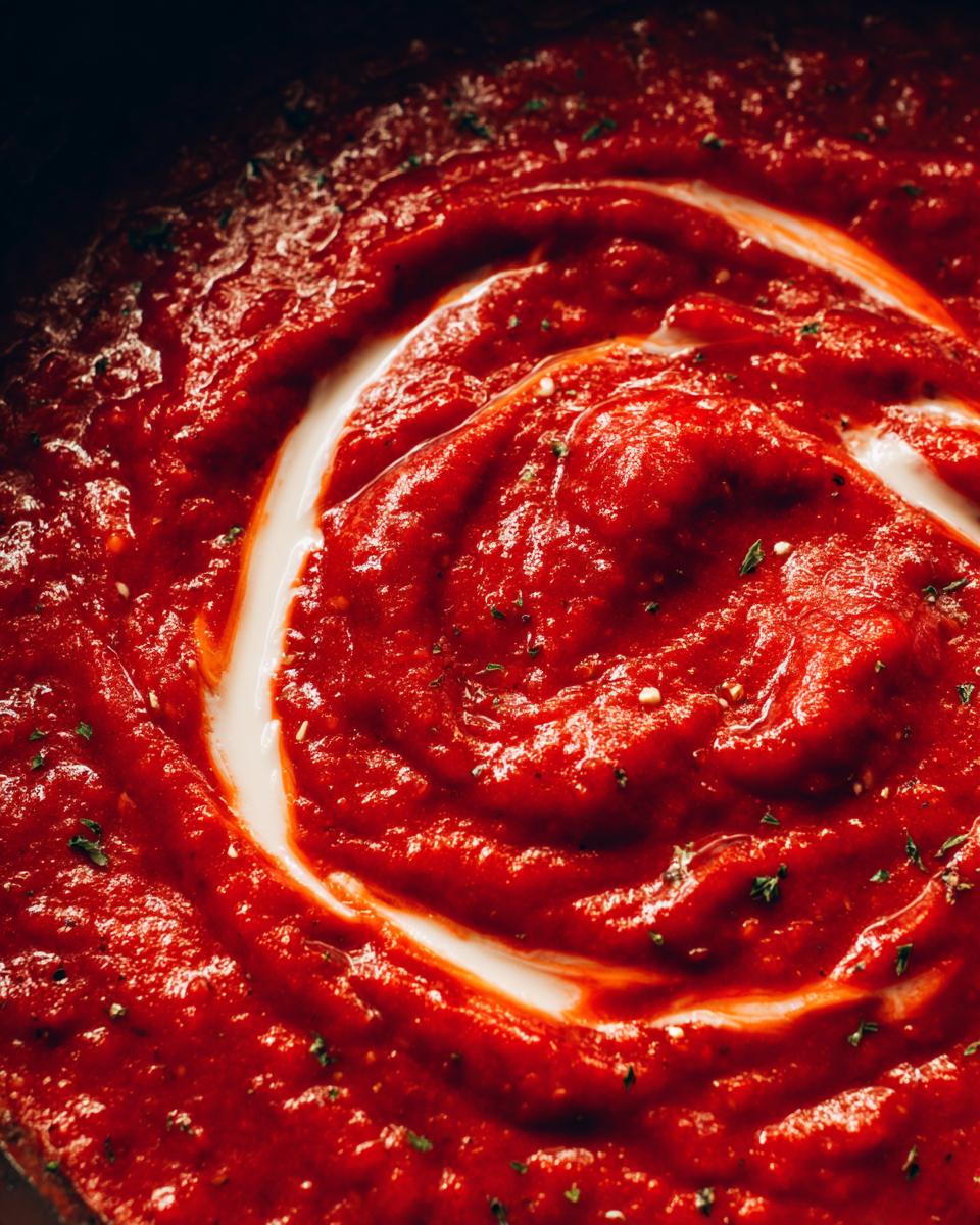 Close-up of rich red tomato sauce with cream swirl and herbs, showcasing easy homemade sauces.