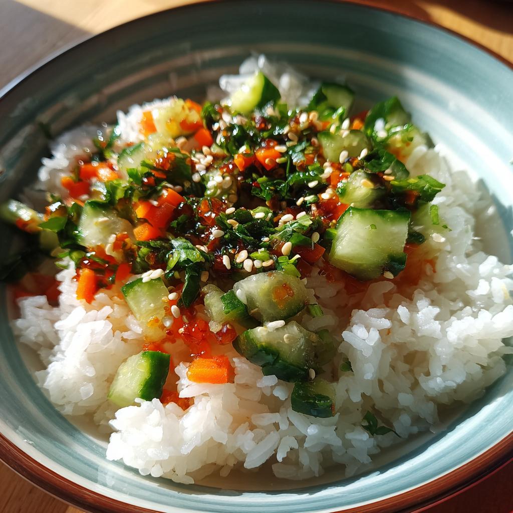 Rice bowl recipes featuring white rice topped with diced cucumbers, carrots, greens, sesame seeds, and sauce.