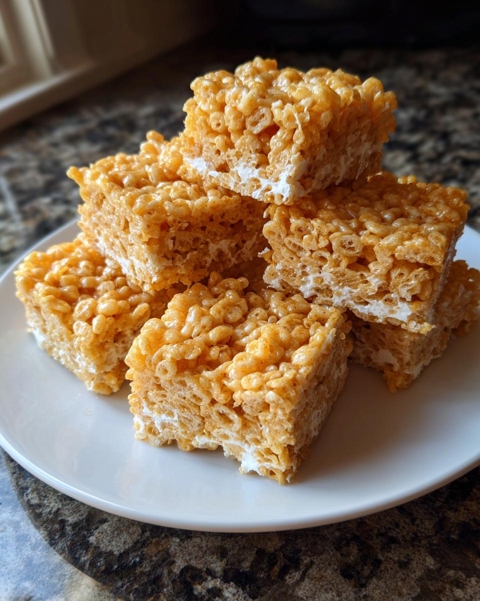 Close-up of stacked Rice Krispie treats recipe squares on a white plate.