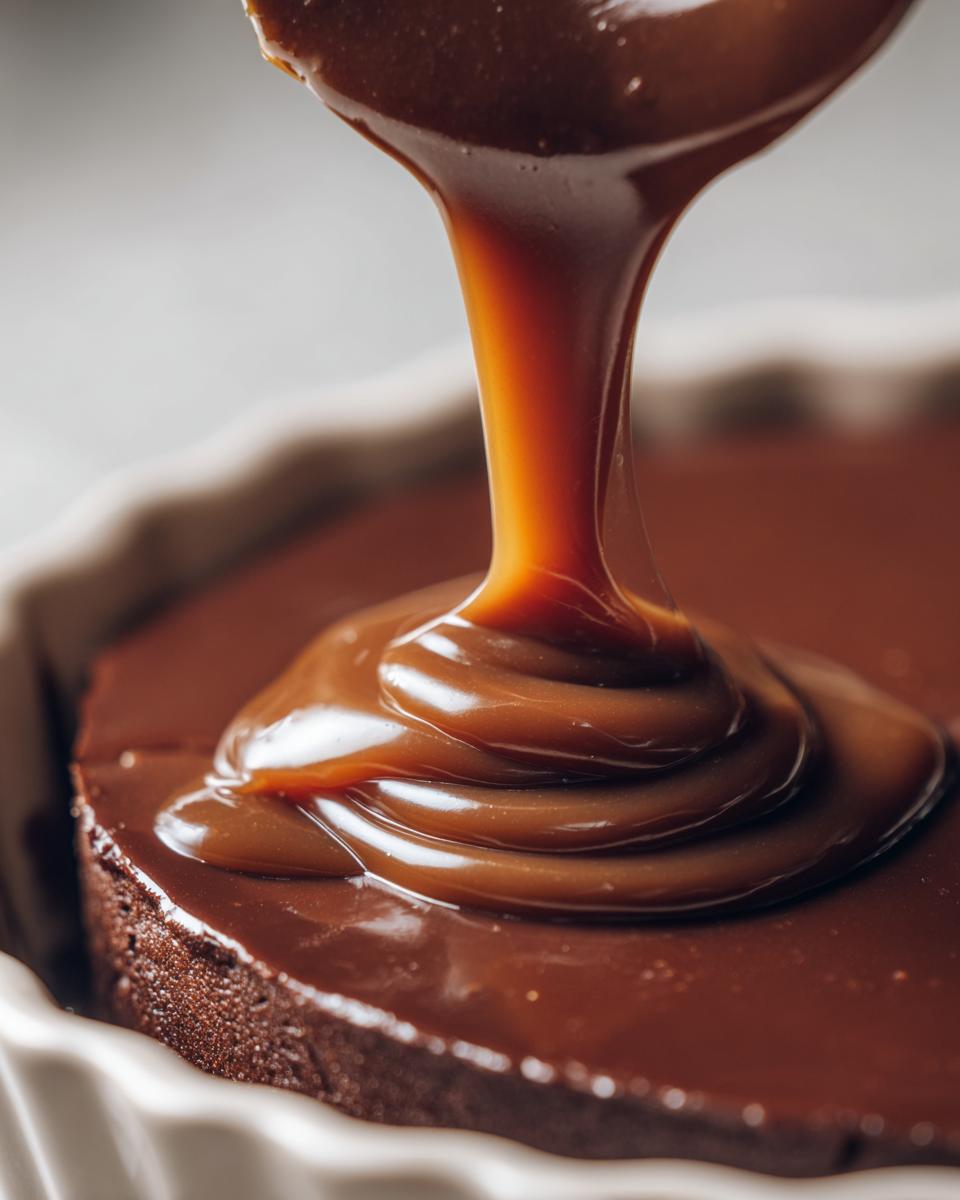 Thick caramel sauce being poured over a smooth chocolate caramel dessert