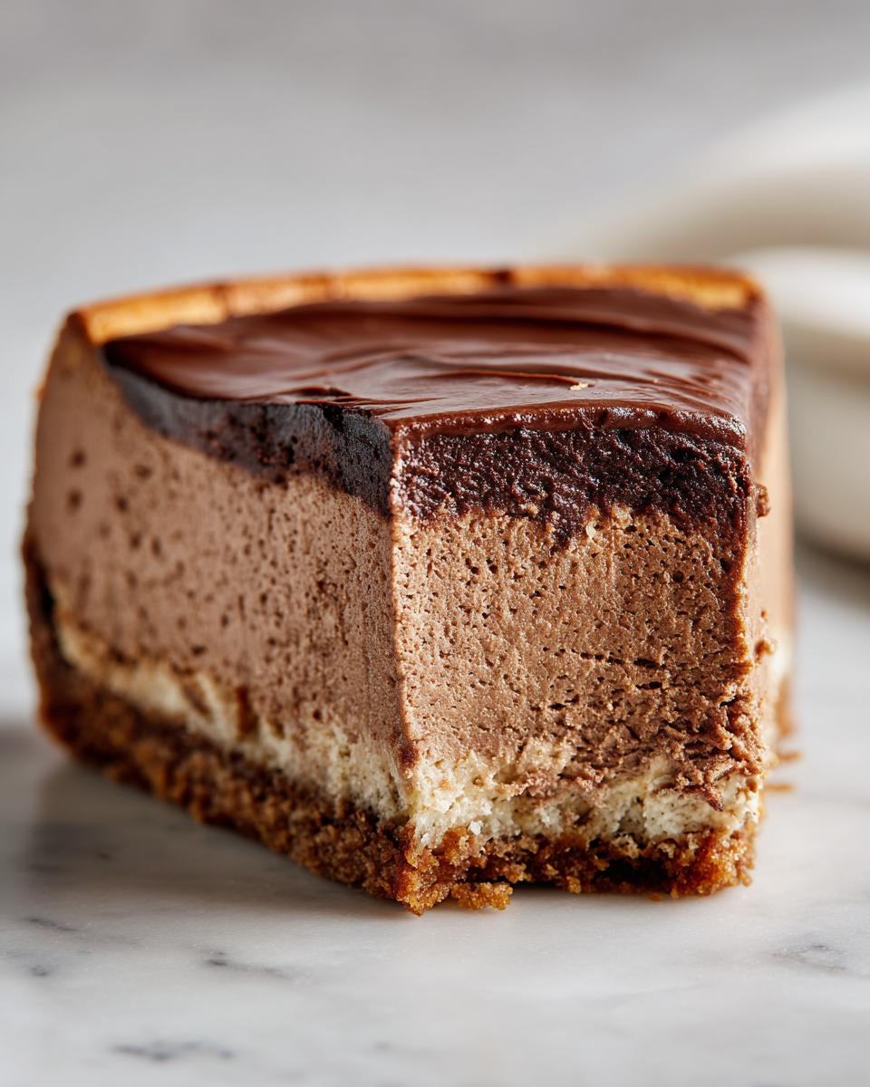Close-up of a rich chocolate cheesecake slice with smooth ganache topping and crumbly crust.