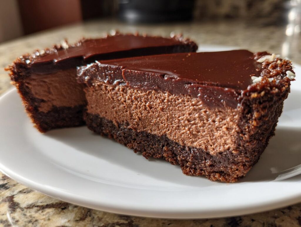 Close-up of a rich chocolate cheesecake slice with creamy filling and chocolate ganache topping.