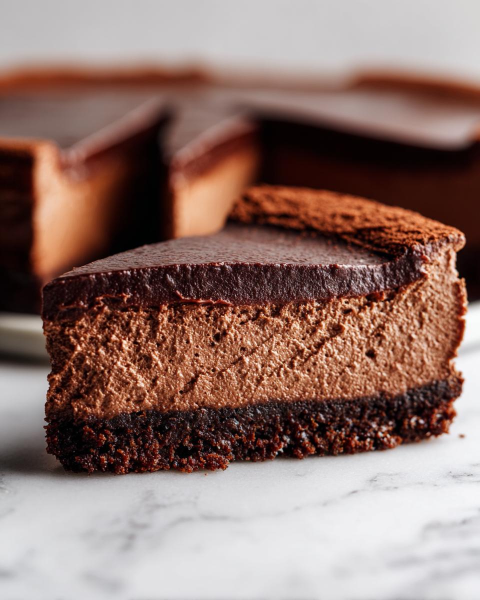 Close-up of a rich chocolate cheesecake slice with a dark chocolate crust and smooth topping.