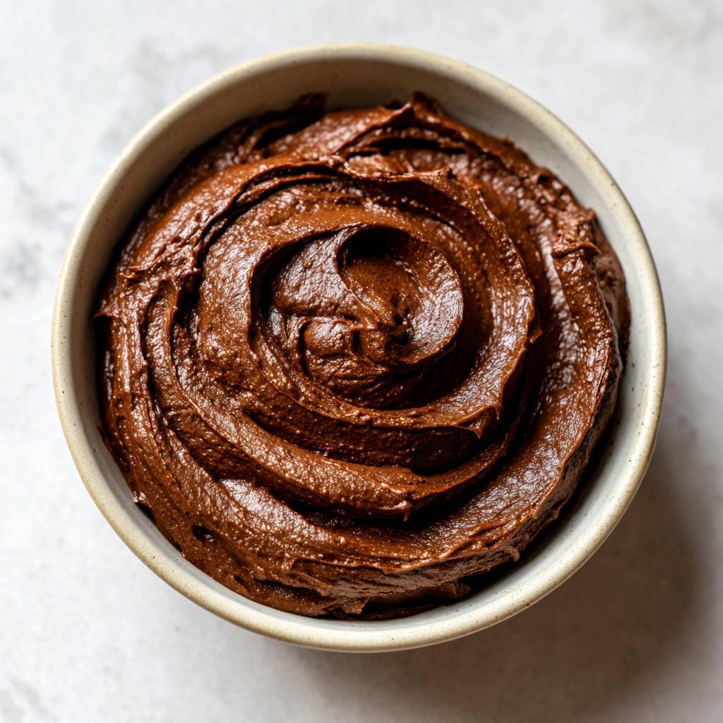 Bowl filled with rich, creamy chocolate frosting swirled smoothly on top.