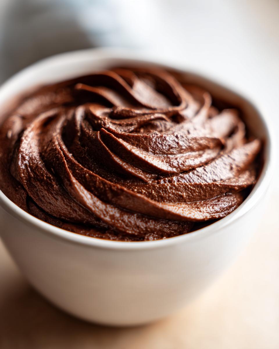 Close-up of rich chocolate frosting swirled smoothly in a white bowl, perfect for chocolate frosting recipes.