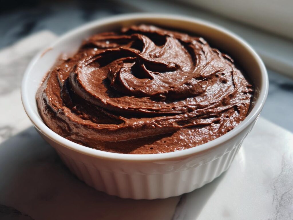 Close-up of rich chocolate frosting swirled in a white bowl, perfect for chocolate frosting recipes.