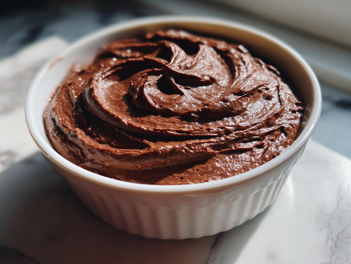 Close-up of rich chocolate frosting swirled in a white bowl, perfect for chocolate frosting recipes.