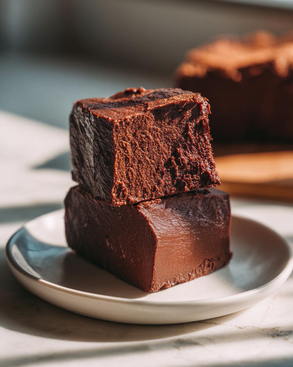 Two thick pieces of rich chocolate fudge recipe stacked on a white plate.