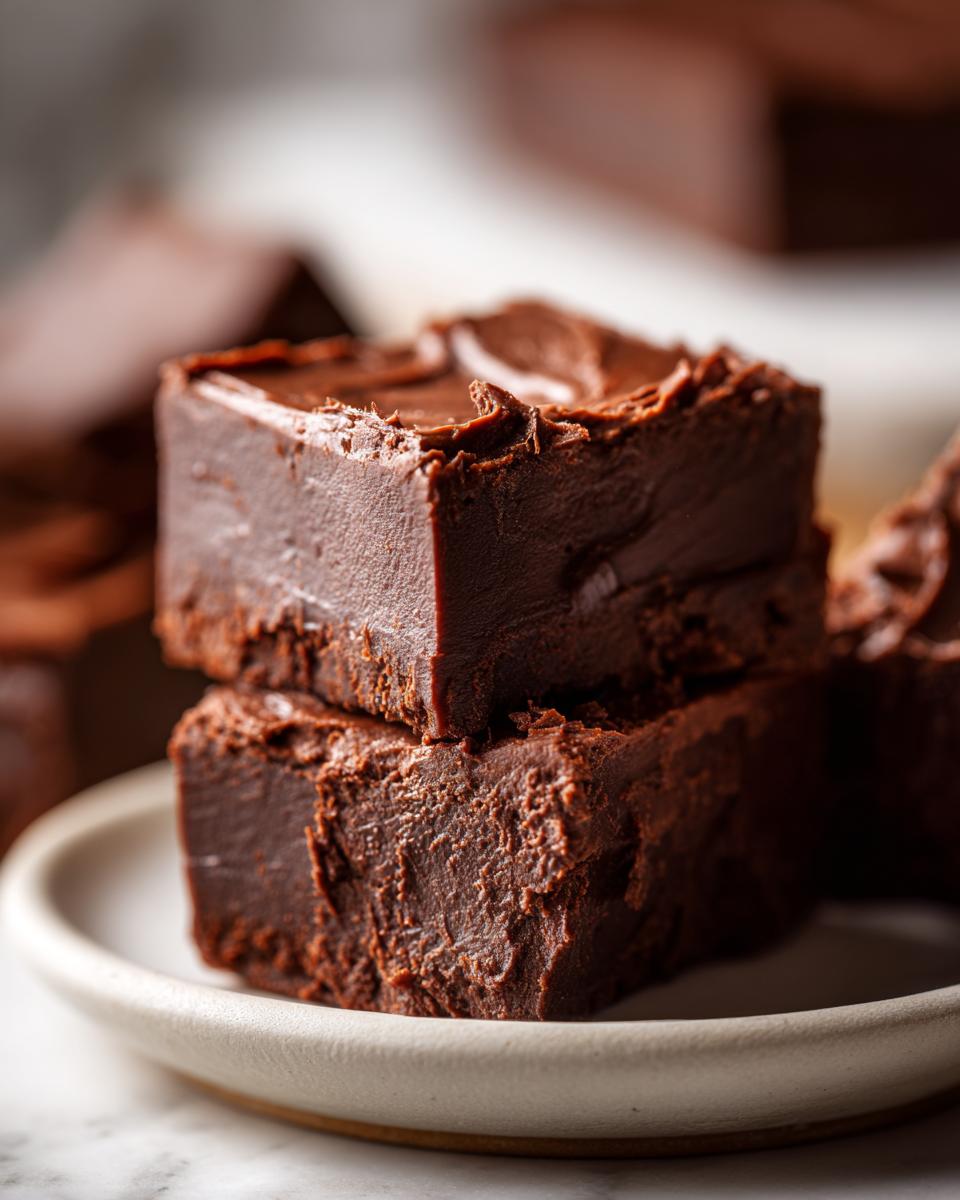 Close-up of two thick, rich chocolate fudge recipe squares stacked on a white plate.