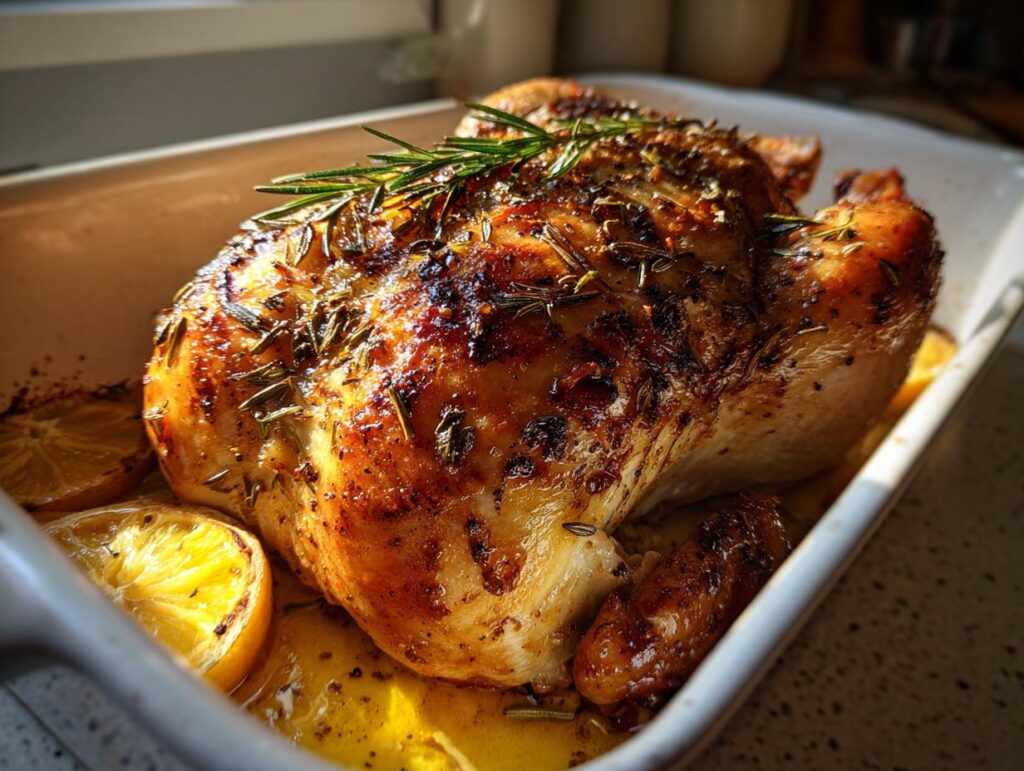 Golden roasted chicken garnished with rosemary and lemon slices in a baking dish for Easter chicken recipes