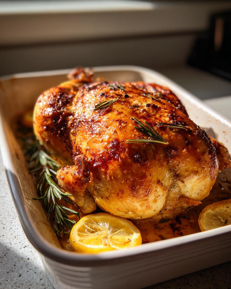 Golden roasted chicken garnished with rosemary and lemon slices in a baking dish.