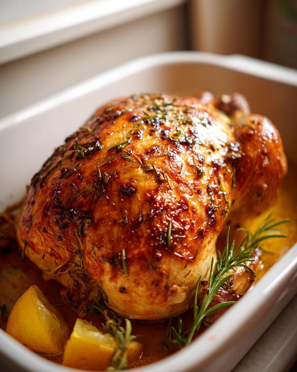 Golden roasted Easter chicken seasoned with herbs and lemon wedges in a baking dish