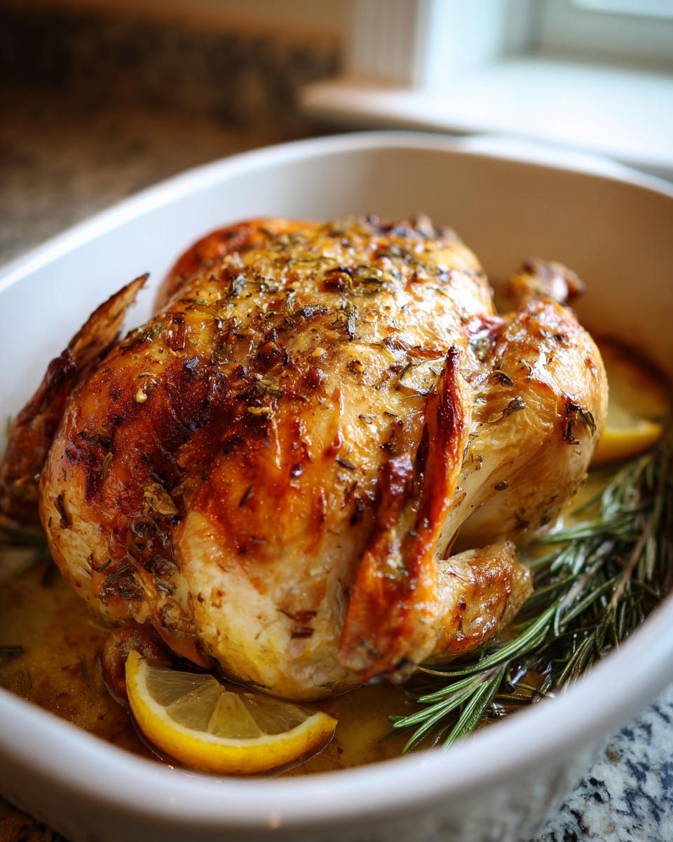 Golden roasted whole chicken garnished with rosemary and lemon slices in a white baking dish.