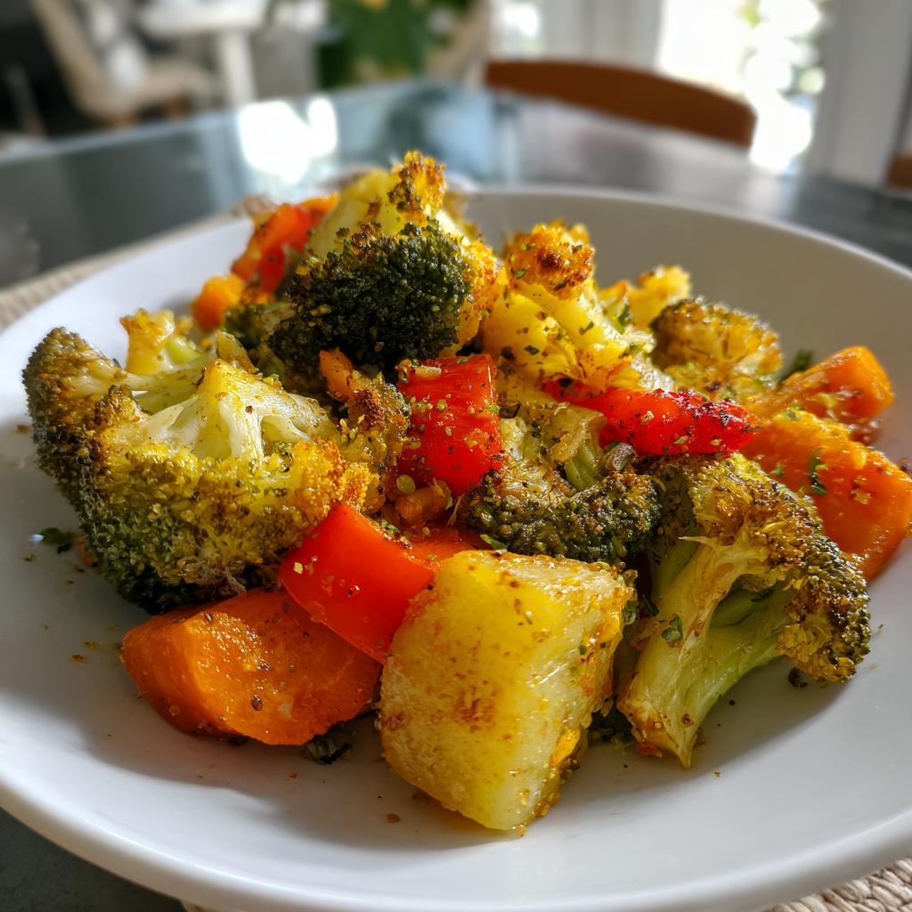Plate of roasted broccoli, carrots, red bell peppers, and potatoes seasoned and cooked.