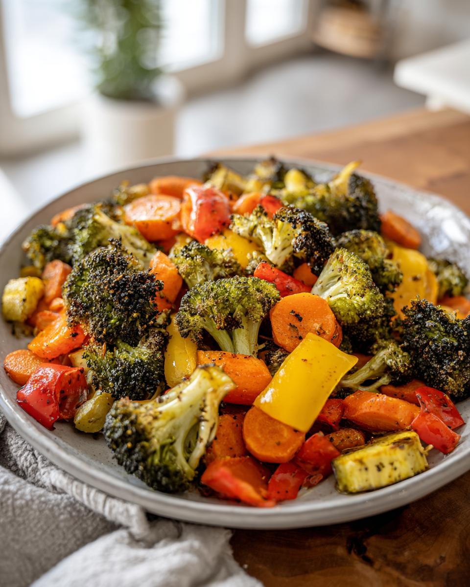 Plate of roasted broccoli, carrots, bell peppers, and zucchini as simple side dish recipes