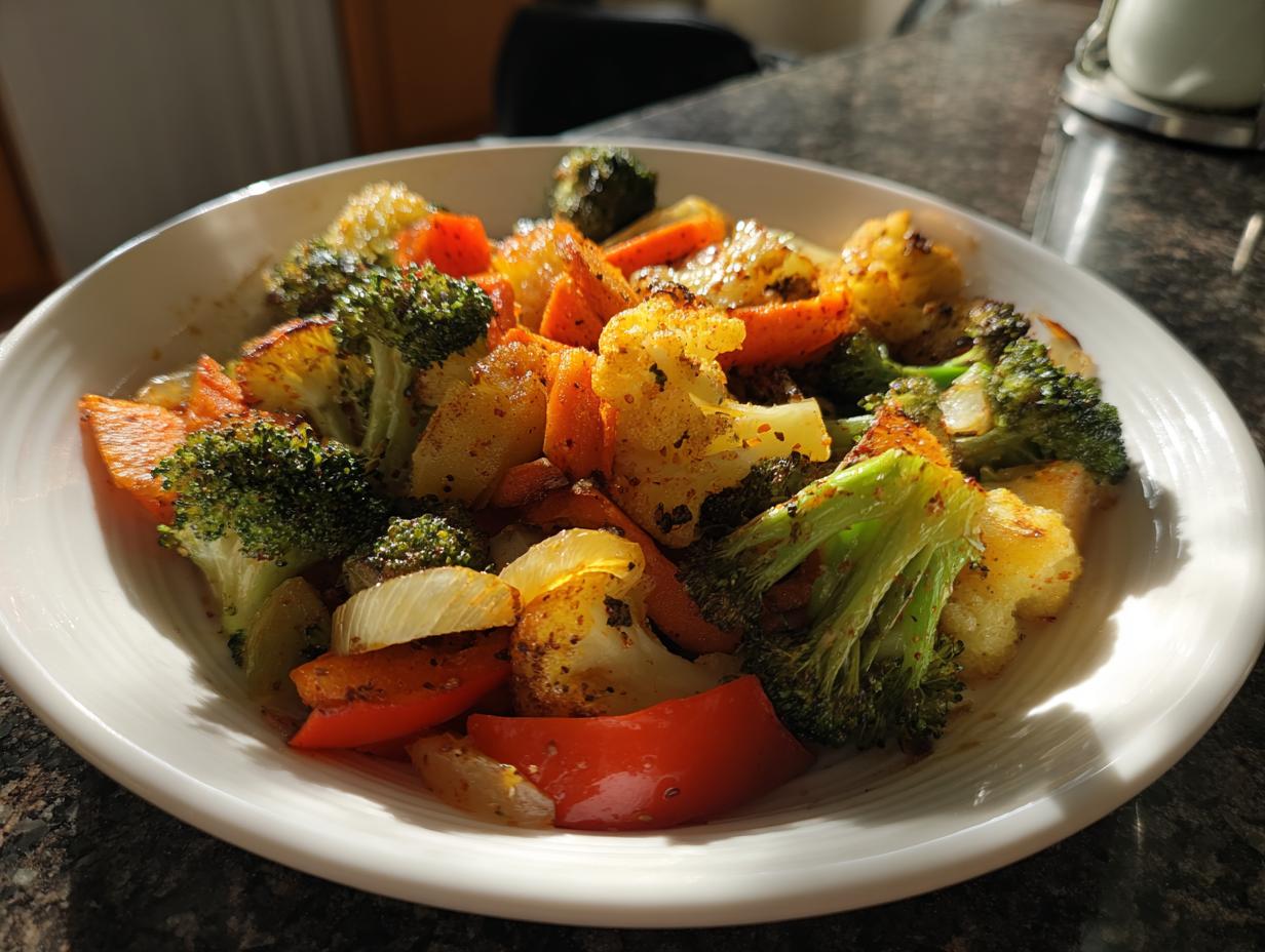 Plate of roasted broccoli, cauliflower, carrots, and onions as a simple side dish recipe
