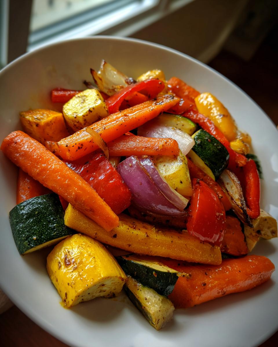 A bowl of roasted vegetable recipes including carrots, zucchini, red peppers, and onions.