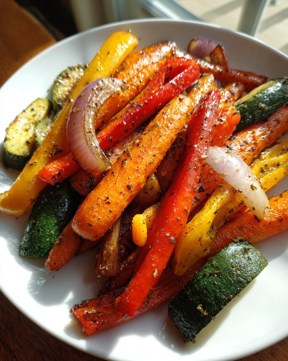 Plate of seasoned roasted vegetable recipes including carrots, zucchini, bell peppers, and onions.