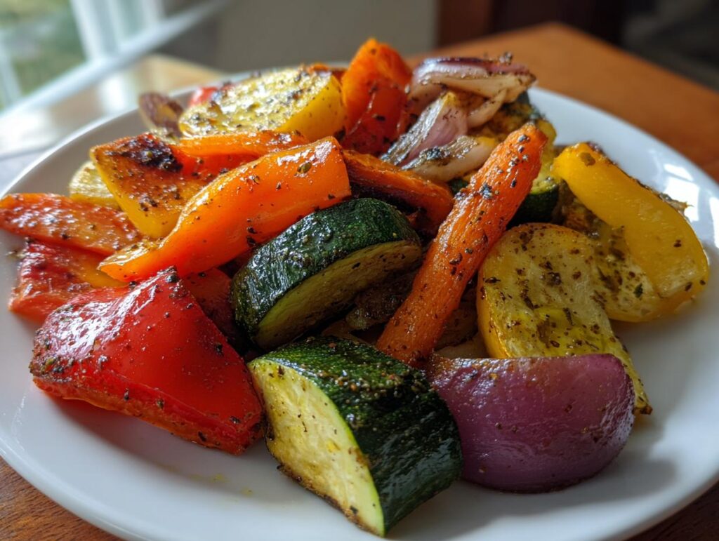 Plate filled with roasted vegetable recipes including zucchini, bell peppers, carrots, and onions.