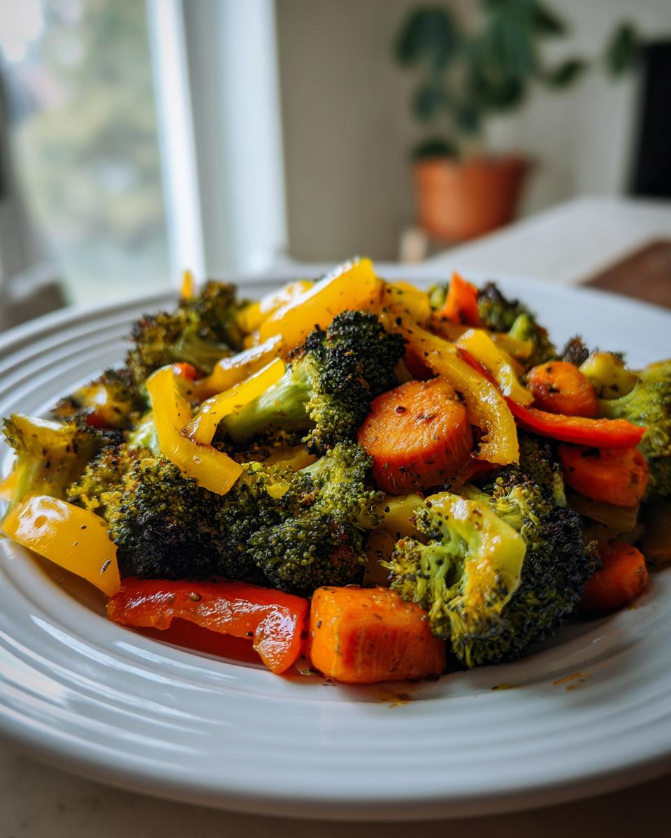 Plate of roasted broccoli, carrots, and bell peppers as simple side dish recipes