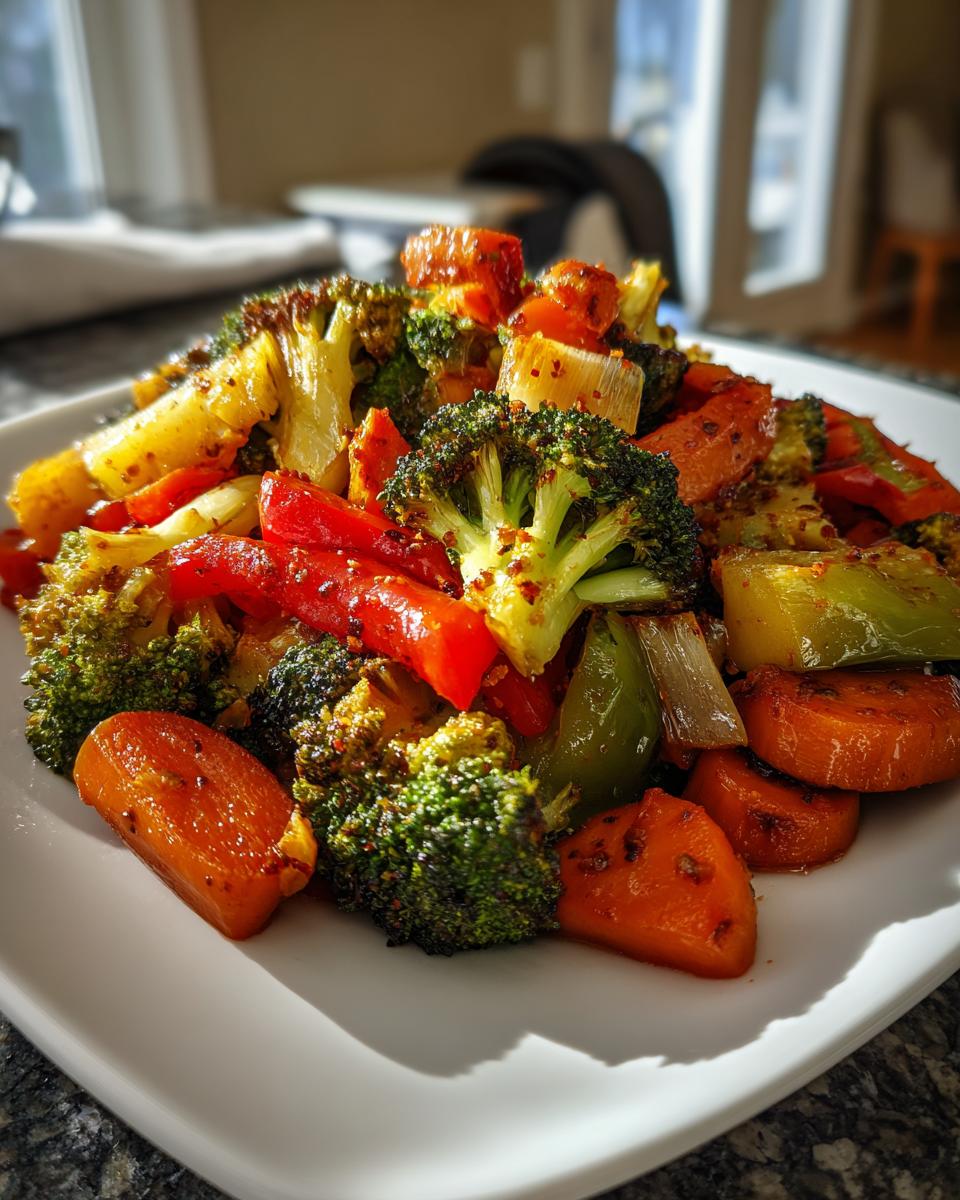 Plate of roasted broccoli, carrots, red and green peppers as simple side dish recipes