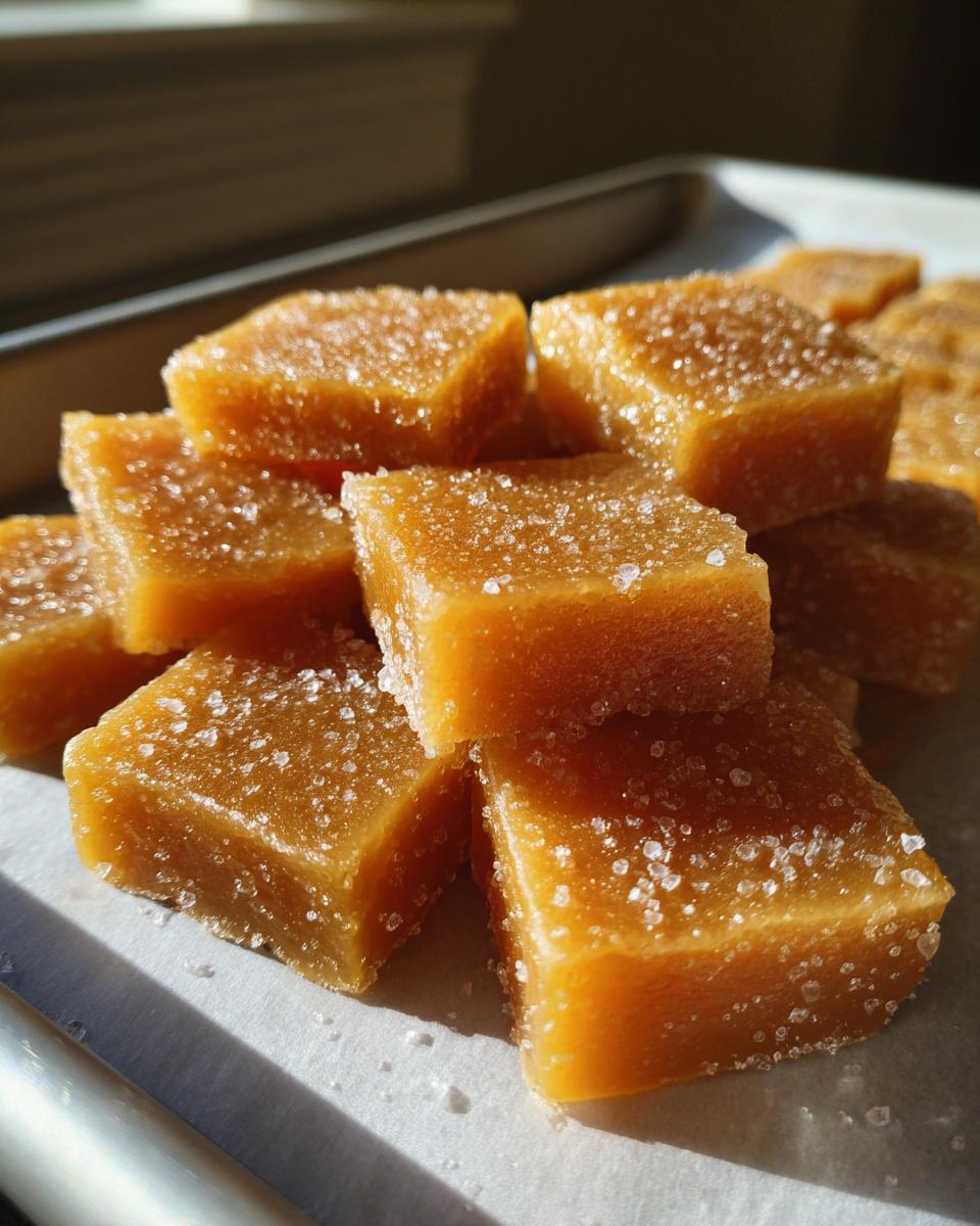 Close-up of homemade salted caramel candy squares sprinkled with coarse salt.