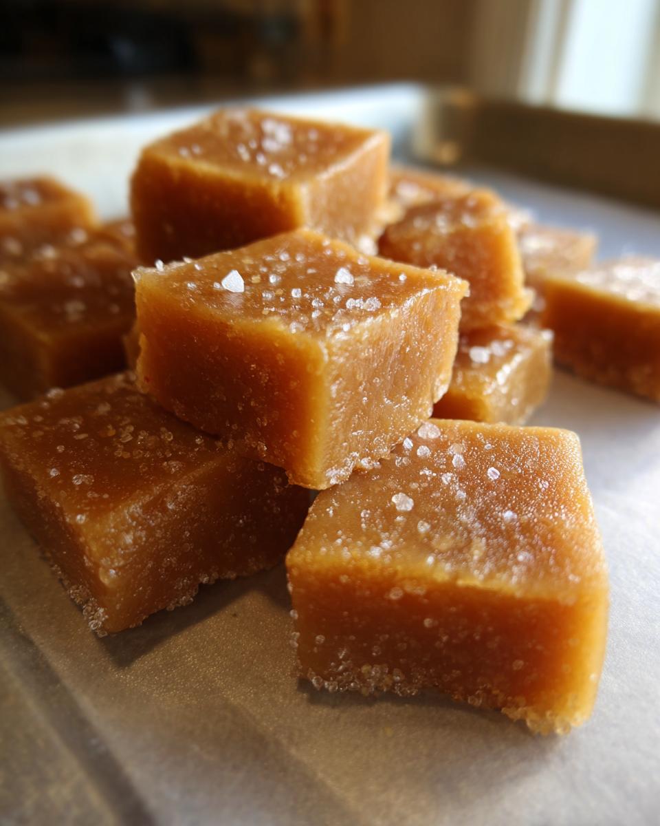 Close-up of salted caramel fudge squares sprinkled with coarse salt for easy candy recipes.