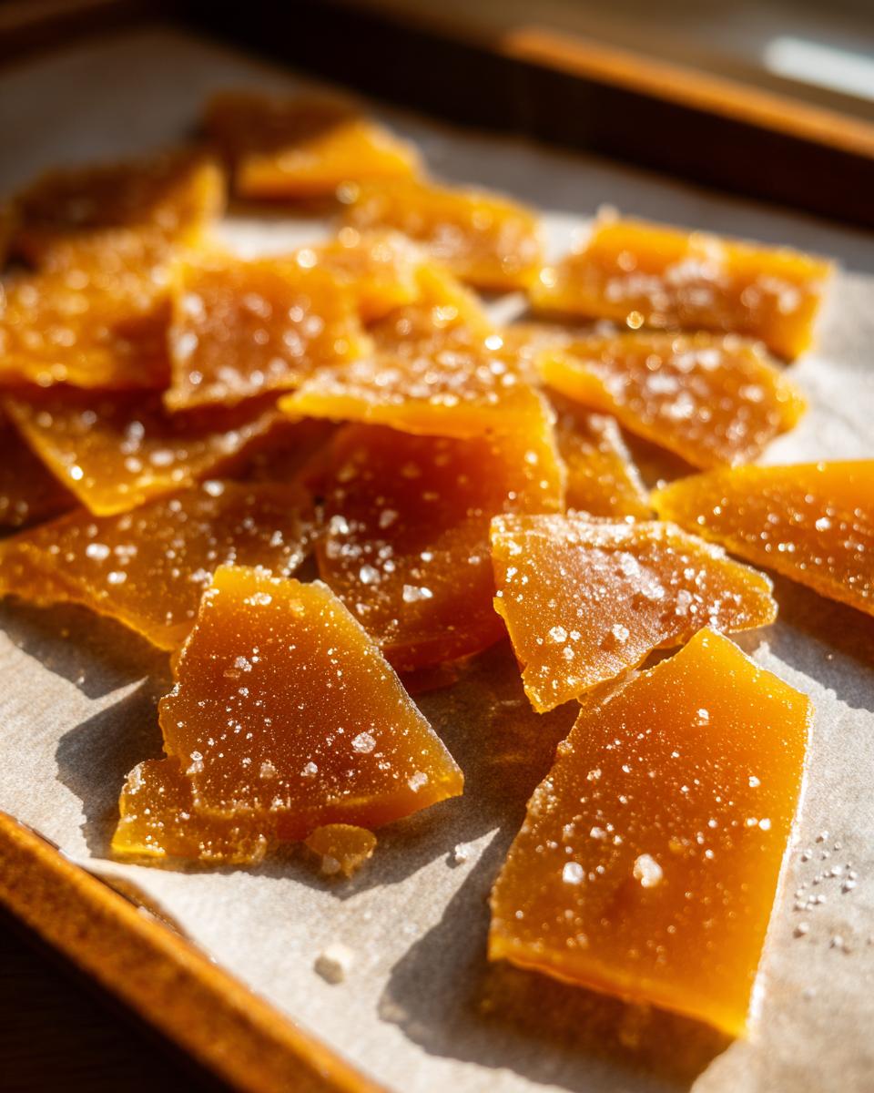 Close-up of golden brown salted toffee candy pieces on parchment paper.